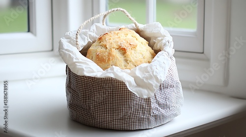 A freshly baked loaf of bread in a decorative carrying basket