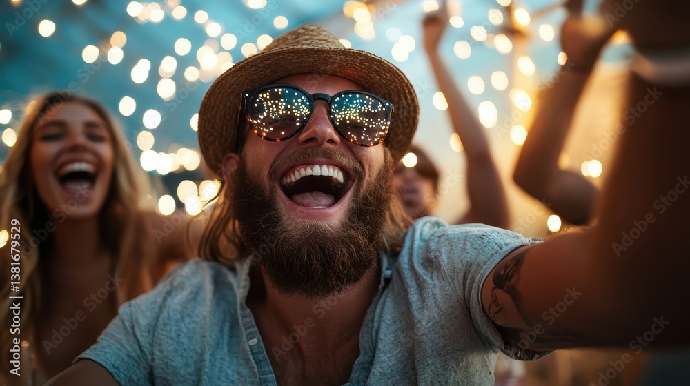 A charismatic man in sunglasses exudes happiness at a festive gathering, joined by friends under shimmering lights, creating an atmosphere of joy and celebration.