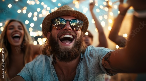 Obraz na płótnie A charismatic man in sunglasses exudes happiness at a festive gathering, joined by friends under shimmering lights, creating an atmosphere of joy and celebration. w salonie