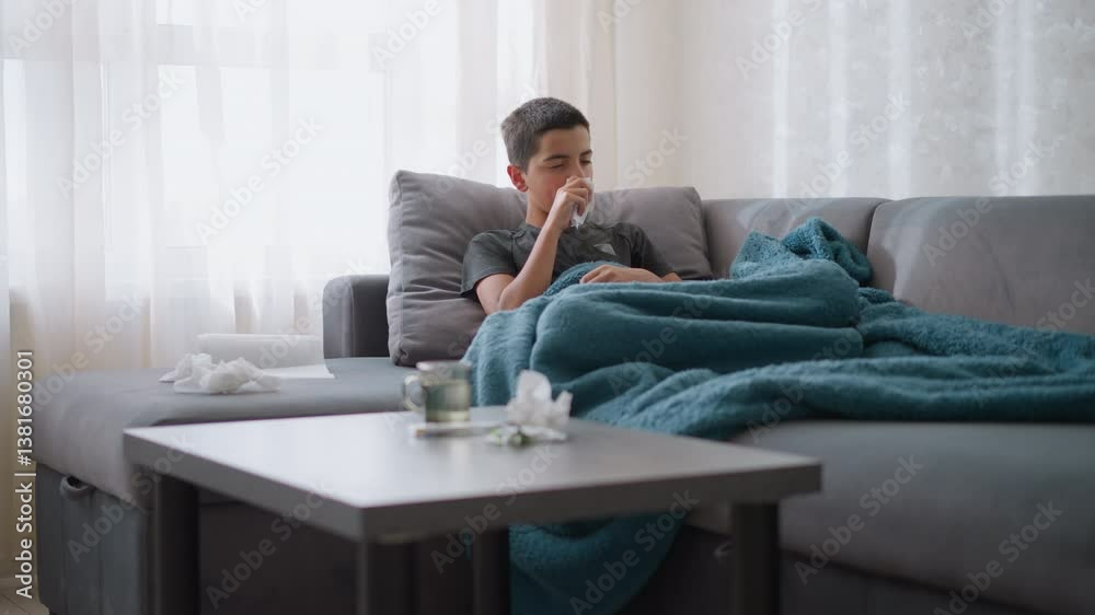 Sick little boy sitting on couch covered with blue blanket, sneezing into tissue and cleaning his nose, tissue on table with glass cup beside him. Indoor, cozy, home environment