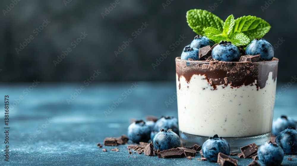 A tempting chocolate dessert topped with fresh blueberries and mint, beautifully presented in a clear glass, ideal for a classy dining experience or dessert display.
