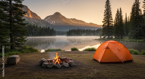 A peaceful camping scene at dawn by a serene lake. An orange tent and cozy campfire sit among stones, with majestic mountains and dense evergreen trees in the backdrop.