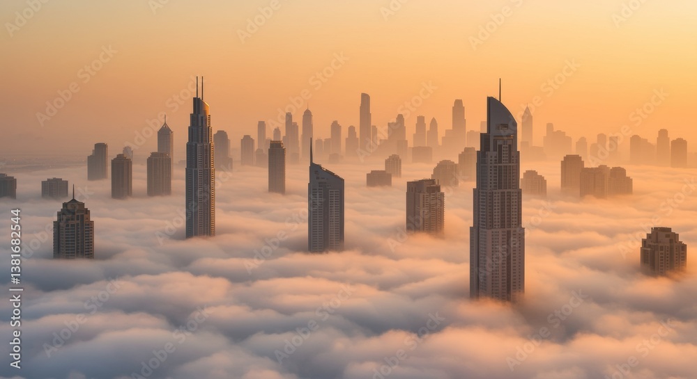 Obraz premium A stunning city skyline emerges from the mist, with skyscrapers towering above the clouds. Soft sunrise hues create a serene atmosphere, perfect for urban development themes.