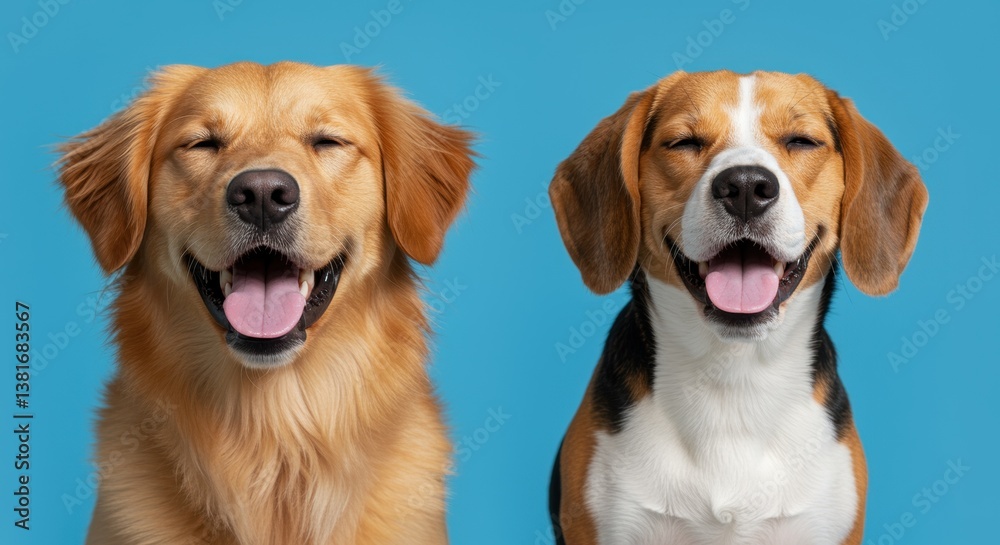 Fototapeta premium Two joyful dogs, a golden retriever and a beagle, happily pose with tongues out against a vibrant blue background, radiating warmth and companionship for pet projects.