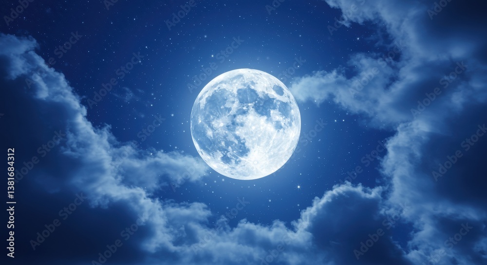 A bright full moon illuminates a deep blue night sky filled with wispy clouds and sparkling stars, creating a serene and enchanting atmosphere perfect for lunar-themed events. A bright full moon illuminates a deep blue night sky filled with wispy clouds and sparkling stars, creating a serene and enchanting atmosphere perfect for lunar-themed events.