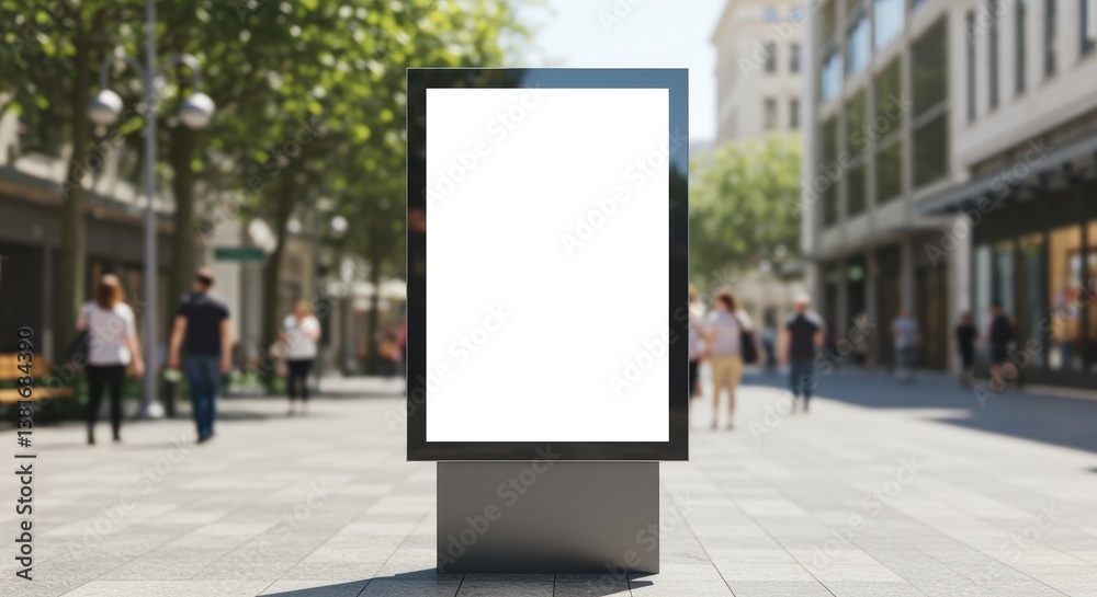 A blank vertical advertising display stands in a bustling urban street, surrounded by engaged pedestrians and lively shops, perfect for marketing and urban lifestyle themes. A blank vertical advertising display stands in a bustling urban street, surrounded by engaged pedestrians and lively shops, perfect for marketing and urban lifestyle themes.