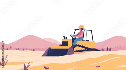 Construction worker operating bulldozer in a desert landscape