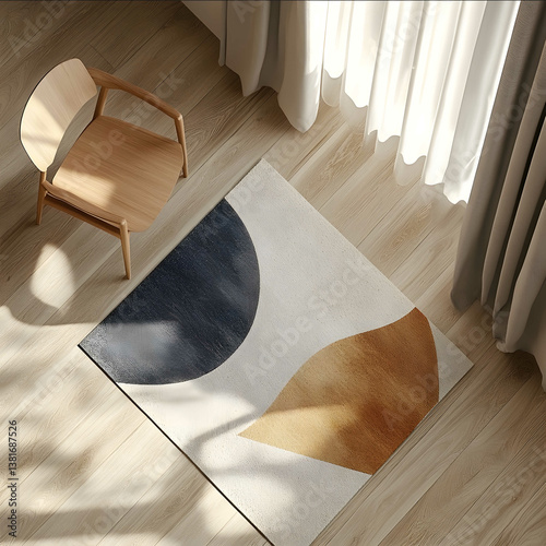 A topdown view captured from above reveals a smooth lightcolored wooden floor adorned with a flat geometric carpet In the upper left corner a small wooden chair sits w
