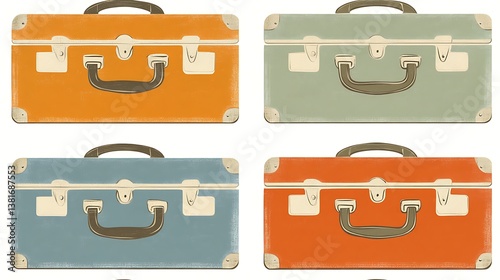Four colorful vintage suitcases arranged with handles and closures
