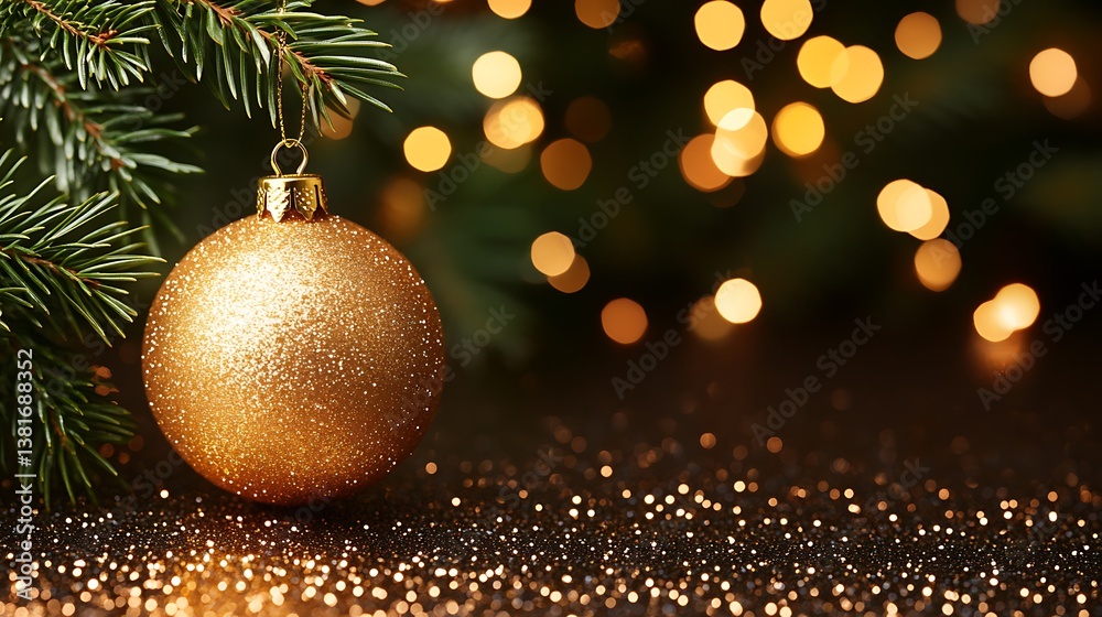 A golden ornament is hanging on a festive christmas tree branch A golden ornament is hanging on a festive christmas tree branch