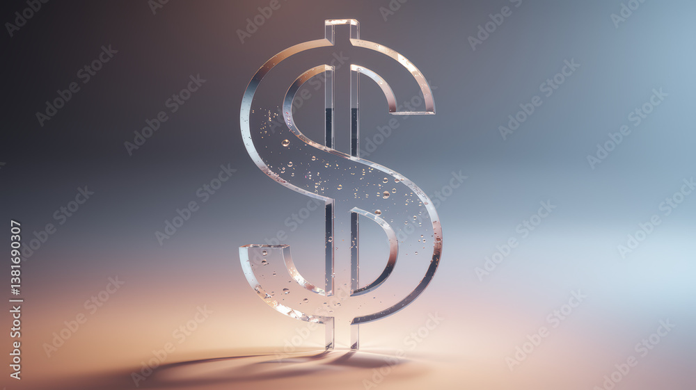 Glossy Transparent Dollar Sign with Droplets Against a Soft Gradient Background Glossy Transparent Dollar Sign with Droplets Against a Soft Gradient Background