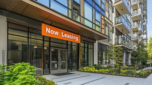 Modern condominium exterior with a prominent 'Now Leasing' banner display