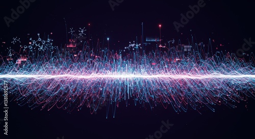 A vibrant digital visualization of sound waves and molecular structures in pink and blue hues against a dark background, symbolizing the fusion of science and technology.