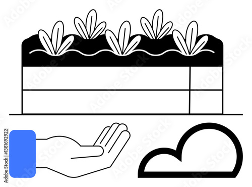 Raised garden bed with plants, open hand symbolizes care, cloud hints at environmental connection. Ideal for sustainability, community gardening, nature, agriculture, growth, eco-consciousness flat