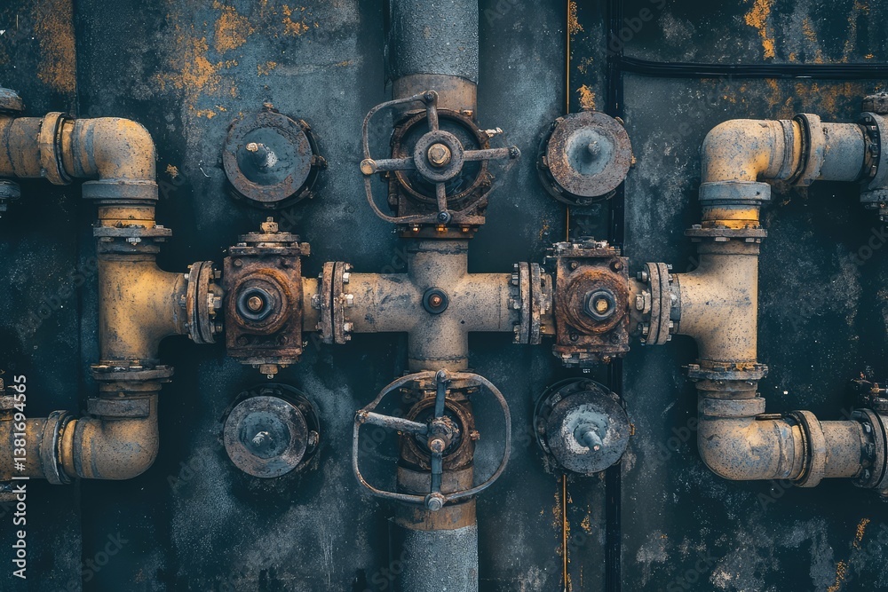 Industrial district heating system with pipes and valves. AI generated illustration. Industrial district heating system with pipes and valves. AI generated illustration.