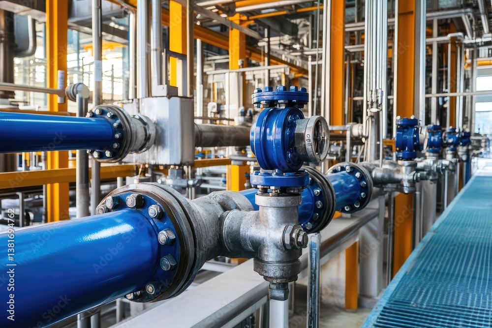 Industrial district heating system with pipes and valves. AI generated illustration. Industrial district heating system with pipes and valves. AI generated illustration.