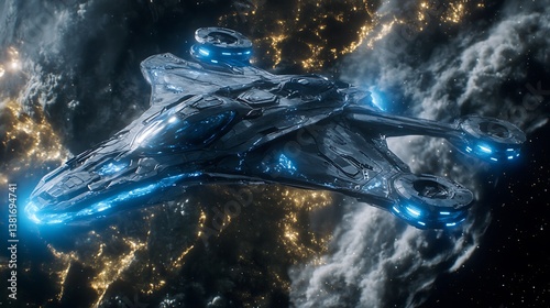 Fototapeta Naklejka Na Ścianę i Meble -  Futuristic spacecraft with glowing accents hovers above a cityscape at night