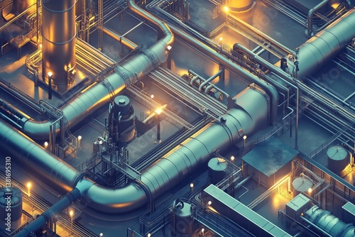 Industrial district heating system with pipes and valves. AI generated illustration.