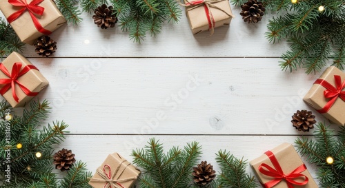 A festive arrangement of wrapped gifts with red ribbons, surrounded by pine branches and cones, adding a warm touch to holiday celebrations and perfect for seasonal greetings.