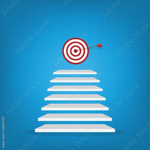 Goal, motivation to success. Climb up stairs to reach goal target on the top.	