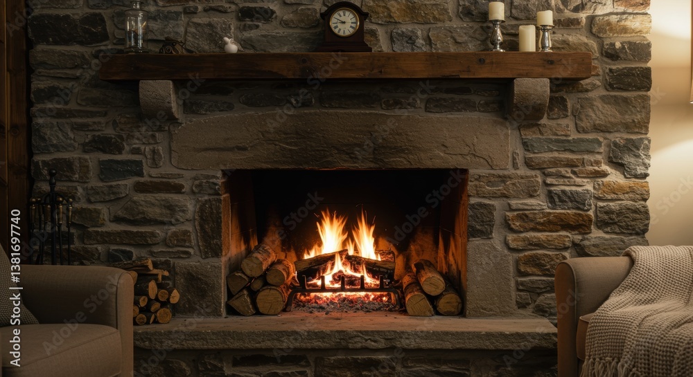A cozy living room features a rustic stone fireplace with a warm fire, surrounded by logs. The mantel holds a clock and candles, while a soft couch beckons relaxation and comfort. A cozy living room features a rustic stone fireplace with a warm fire, surrounded by logs. The mantel holds a clock and candles, while a soft couch beckons relaxation and comfort.