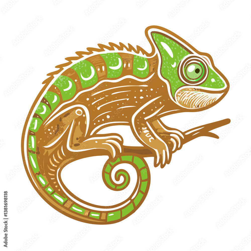 Fototapeta premium Colorful chameleon icon resting on branch, vibrant nature concept