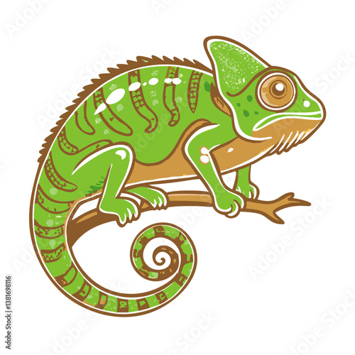 Green chameleon icon perched on branch, nature and adaptation concept