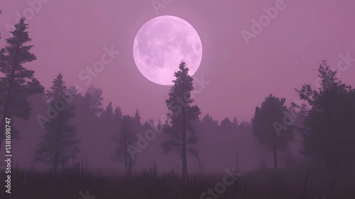 A purple moon shines over a forest on a misty night
