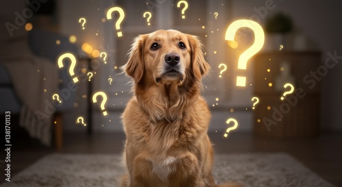 A golden retriever sits calmly on a soft carpet, surrounded by floating question marks, symbolizing curiosity or contemplation. The warm, inviting interior adds a cozy touch to the scene.