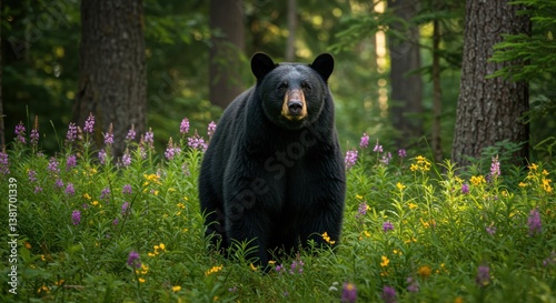 A majestic black bear stands amidst a vibrant clearing filled with colorful wildflowers. The lush forest backdrop enhances the natural beauty of this serene scene, embodying wildlife in its habitat.