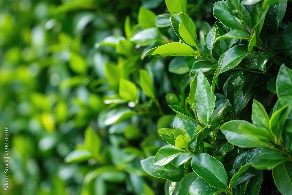 Neatly trimmed cherry laurel hedge garden. AI generated illustration. Neatly trimmed cherry laurel hedge garden. AI generated illustration.