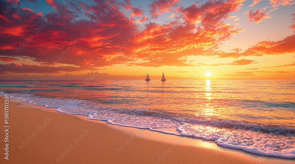 Obraz premium Photorealistic expansive beach scene at sunset