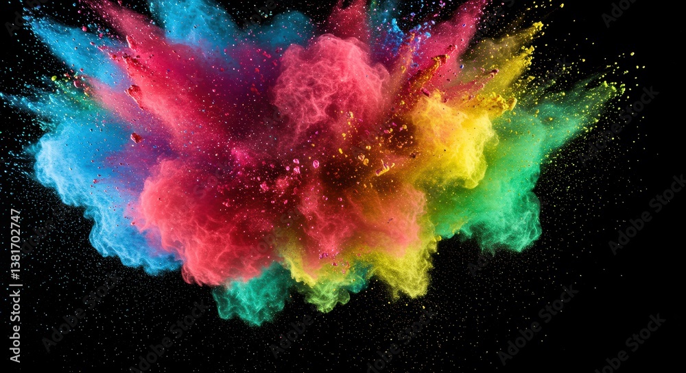 A vibrant explosion of colorful powder against a black background creates a mesmerizing scene, embodying creativity and joy. Perfect for artistic projects or mood enhancement. A vibrant explosion of colorful powder against a black background creates a mesmerizing scene, embodying creativity and joy. Perfect for artistic projects or mood enhancement.