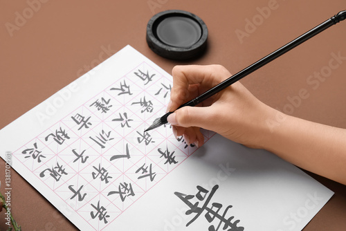 Woman writing Asian hierogl...