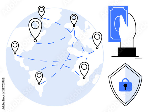 Hand holds money beside globe with geolocation points and shield with lock. Ideal for finance, security, global business, online transactions, digital payments, data protection, travel. Abstract line