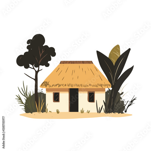 Village hut minimalist flat illustration, featuring a clean design isolated on a white background.


