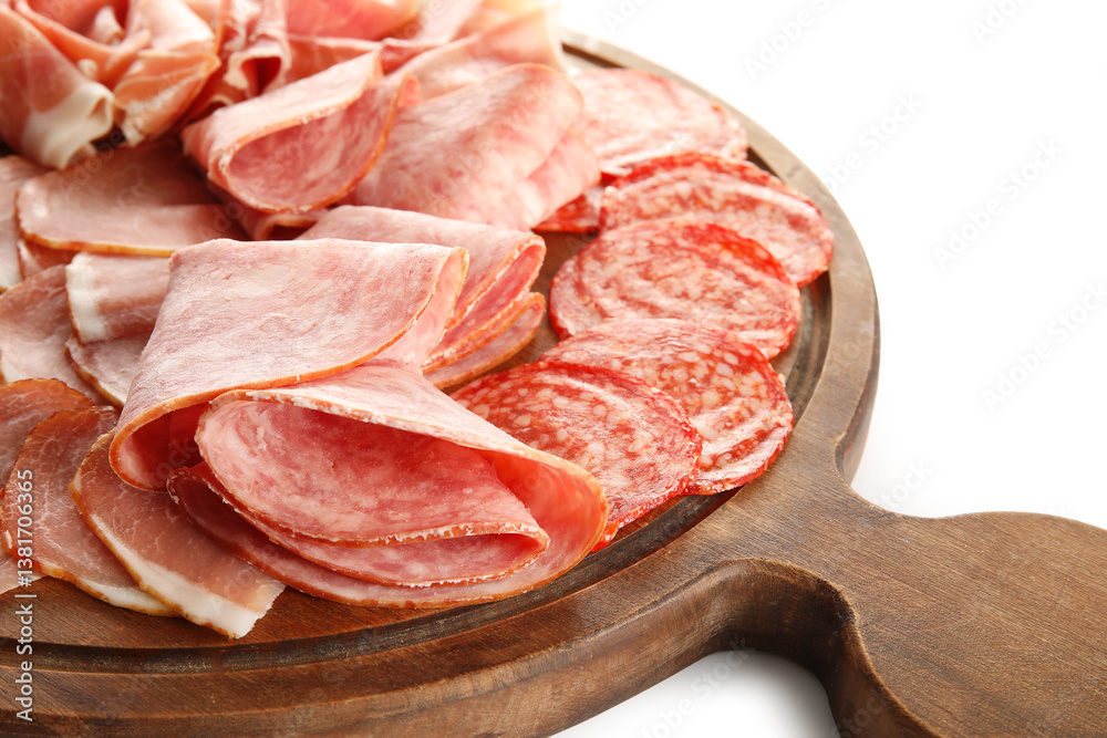 Wooden board with assortment of tasty deli meats isolated on white background, closeup
