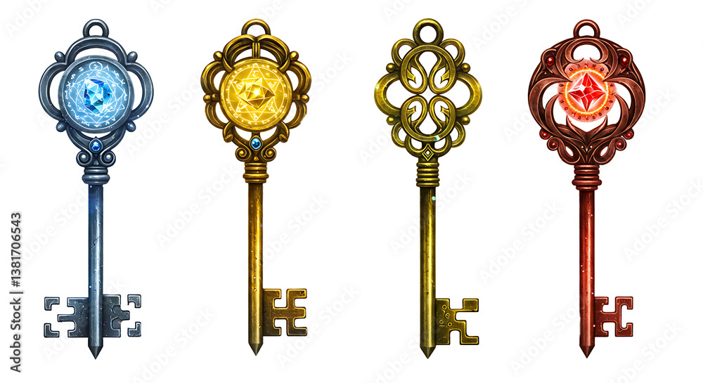Fototapeta premium Ornate Fantasy Key Collection with Jewels for Unlockable Game Content