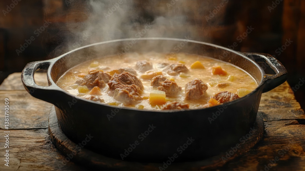 Hearty Beef Stew Simmering in a Cast Iron Pot Steam Rising Rustic Wooden Table Setting Comfo Hearty Beef Stew Simmering in a Cast Iron Pot Steam Rising Rustic Wooden Table Setting Comfo