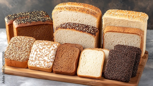 Variety of sliced and unsliced loaves of various bread types photo