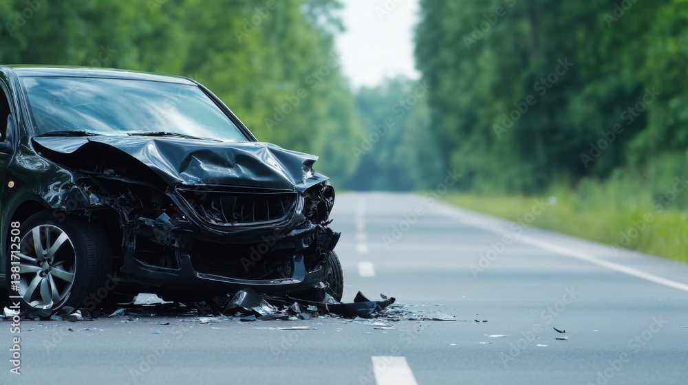 Fototapeta premium Black Car Wreck on Empty Road Surrounded by Greenery After a Serious Car Accident in Bright Daylight