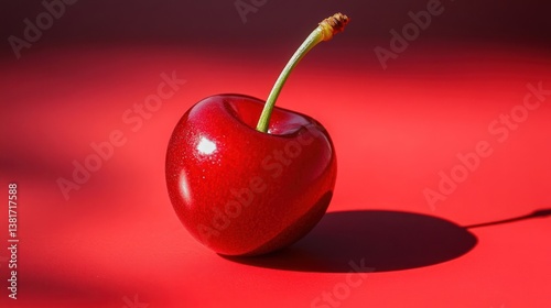 Fresh Red Cherry on Bright Red Background with Soft Shadows
