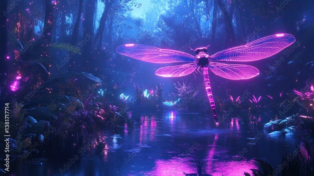 Luminous dragonfly in a glowing forest, surreal botanical neon ecosystem scene