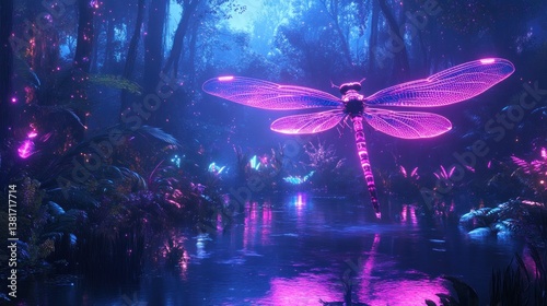 Obraz na płótnie Luminous dragonfly in a glowing forest, surreal botanical neon ecosystem scene w salonie