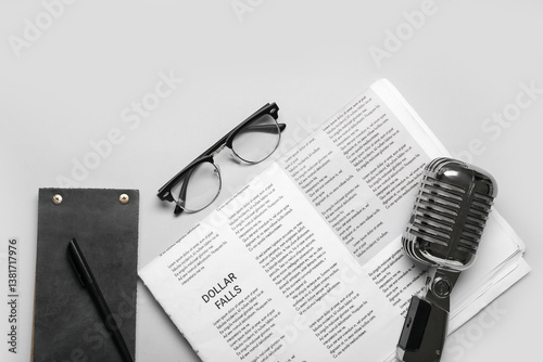 Newspaper with microphone, ...