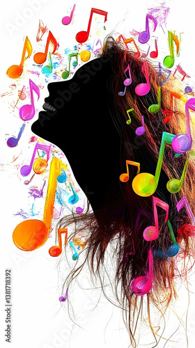 A profile silhouette of a womans head with colorful music notes floating around her hair evoking a sense of sound and