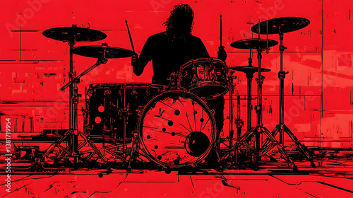 A silhouette of a drummer behind a drum set striking a vibrant contrast against a red backdrop Abstract elements enhan