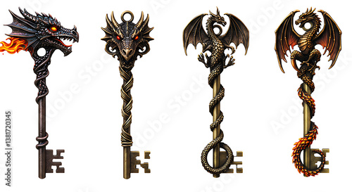 Dragon Keys Collection Fantasy Ornate Decorative Keys Set Design Concept