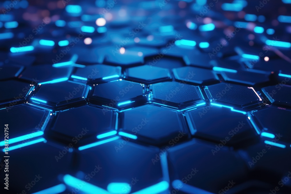 Neon blue hexagons pulse over dark tech grid. AI generated illustration.