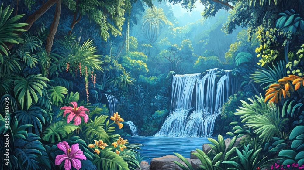 Lush jungle scenery with cascading waterfalls and vibrant tropical flora paintings